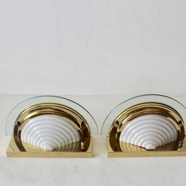 Art Deco Style Half Moon Brass and Glass Wall Sconce Vintage1980s 