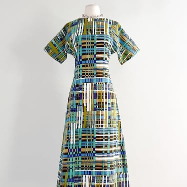Coolest 1960's Abstract Stripe Print Linen Maxi Dress  / Sz M