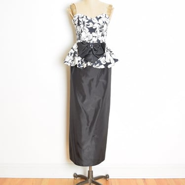 vintage 80s dress black white floral print strapless peplum bow party prom XS XXS clothing 