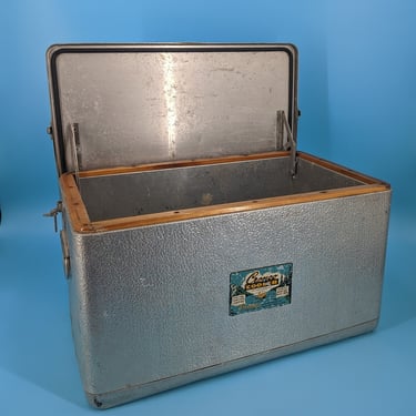 Vintage 50s Cronco Cooler - Fifties Fishing Picnic Silver Metal Latched Cooler with Handles - Cronstroms Manufacturing 
