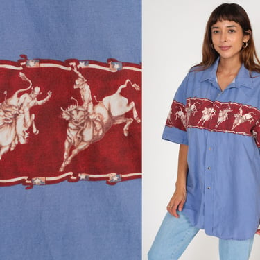 Rodeo Shirt 90s Western Button up Shirt Cowboy Vaquero Bull Rider Print Striped Blue Red Vintage 1990s Roper Mens Extra Large xl 