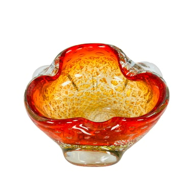#1481 Murano Glass Red &amp; Amber Crimped Star Bowl