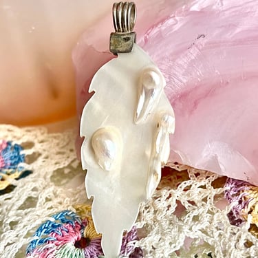 Pearl Blister Pendant, Carved Shell Abalone, Artistic Abstract, Sterling Silver Setting, Statement Jewelry, Vintage 80s 