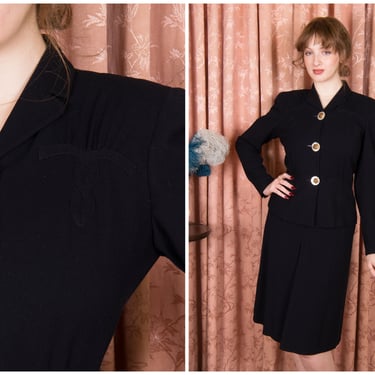 1940s Suit - Gorgeous Vintage Late 1930s/Early40s Tailored Wool Crepe Suit with Trapunto Detailing and Striking Buttons 