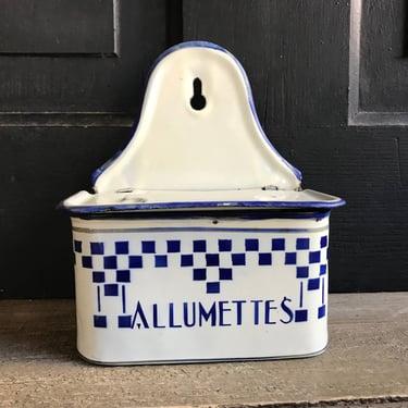 French Allumettes Storage Box, Enamel Lustucru Blue White Check, Fireplace Mantle, Chippy French Farmhouse Decor 