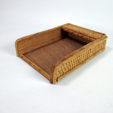 Woven Asian Burnt Bamboo & Rattan Note Holder Vintage 1970s Bohemian Desk Organizer Office Accessory Boho Home Decor 