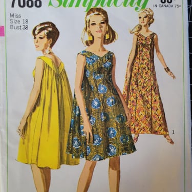 simplicity 7088 size 18 kaftan or hostess dress, groovy 1967 muu muu w/ cape med or large, short mini or long ankle length fitted caftan 