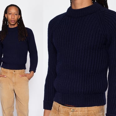 XS 70s Lands' End Navy Blue Cable Knit Wool Sweater Unisex | Vintage Knit Cuffed Pullover Jumper 