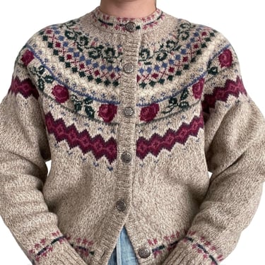Vintage 90s Eddie Bauer Floral Fair Isle Wool Cottagecore Cardigan Sweater Sz M 
