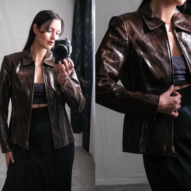 Vintage 90s Escada Dark Brown Shimmery Snakeskin Embossed Leather Jacket w/ Black Zebra Print | 100% Genuine Leather | 1990s Designer Jacket 