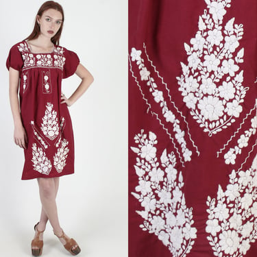 Womens Heavily All White Embroidered Maroon Mexican Min Dress 