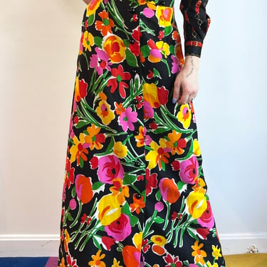 70’s Bright Rainbow Floral Barkcloth Maxi Skirt 27” waist