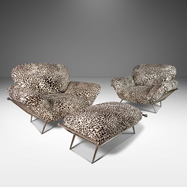Set of Two (2) Lounge Chairs w/ Matching Ottoman in Animal Print for Carson's Attributed to Milo Baughman, USA, c. 1980's 