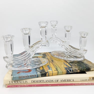 Vintage Art Deco Buder Bleikristall 3 Arm Crystal Candelabra Set 