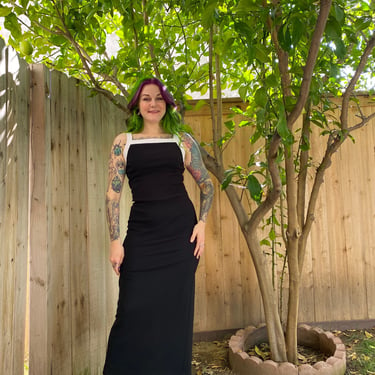 Vintage 1990’s Black Maxi Dress with White Shoulder Straps 