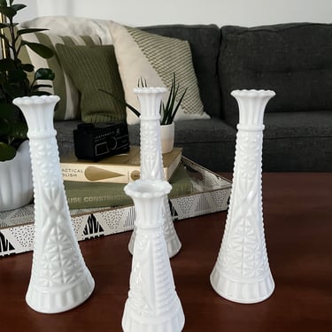 Vintage Anchor Hocking Milk Glass Stars & Bars Bud Vases 