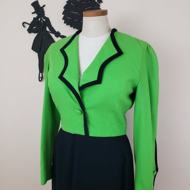 Vintage 1980's Color Block Dress / 80s Does 40s Black and Green Dress L 