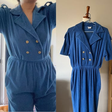 Vintage NEIMAN MARCUS blue Terry cloth short sleeve double breasted cotton romper size small 