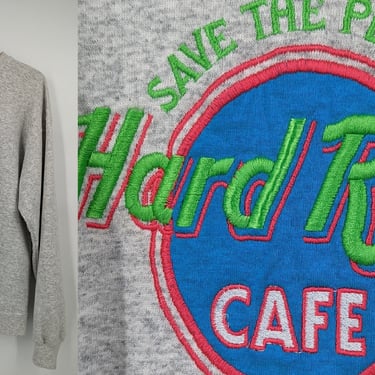 Vintage 90s Hard Rock Cafe Orlando Embroidered Neon Pullover Sweatshirt - Nineties Large Gray Sweatshirt 
