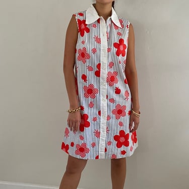 70s cotton dress / vintage ticking stripe red gingham mod flower cotton collared button front sleeveless scooter mini dress sundress | Med 