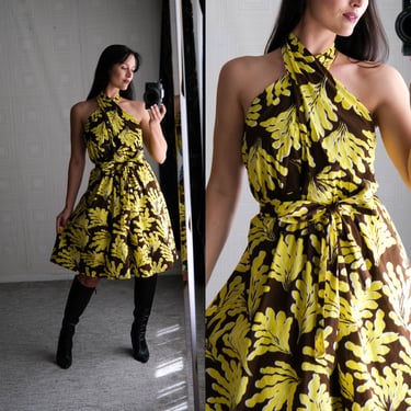 Vintage Diane Von Furstenburg Brown & Yellow Leaf Print Wrap Halter Dress Unworn w/ Original Tags | 100% Silk | Y2K 2000s DVF Designer Dress 