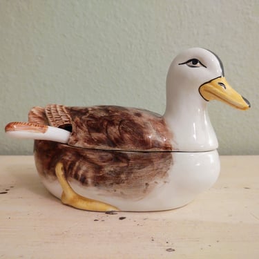 Vintage MCM Made in Portugal No. 9-88 Duck Serving Dish Tureen/Bowl with Small Ladle 