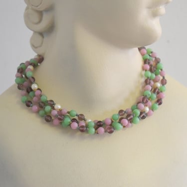 1960s Purple and Green Multi Strand Bead Necklace 