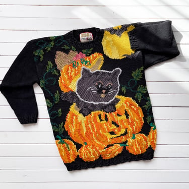 Halloween sweater 90s vintage Crystal Kobe black cat pumpkin jack o' lantern hand knit sweater 