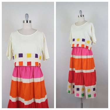 Vintage 1970s set, skirt and top, 2 piece, quilted, color block, cotton 