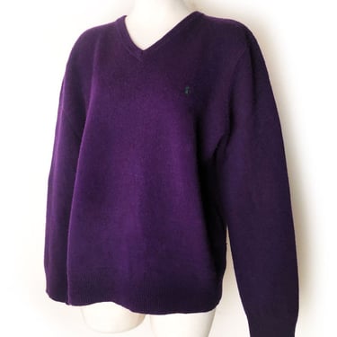 POLO Purple Ralph Lauren, Pullover Wool Sweater, XL Vintage Long Sleeve Shirt Top, Unisex, V Neck, Mens, Pony Chest Logo 