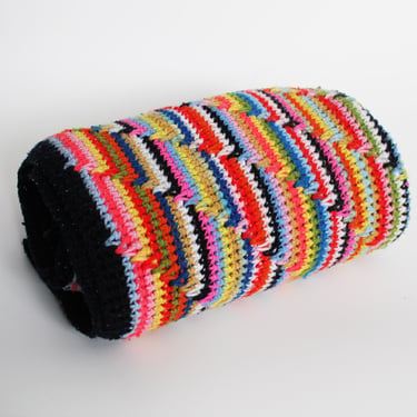 80's Vintage crocheted Afghan Throw Blanket - Narrow Decorative Parallelogram - Multi Color Rainbow Stripes 
