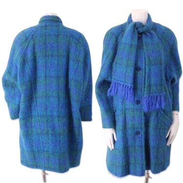 80s Irish Plaid Mohair coat L, vintage 1980s DONEGAL DESIGN wool coat, Irish Scottish plaid check scarf jacket 