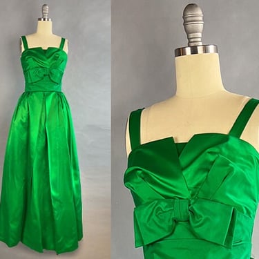 1960s Green Ballgown / Emerald Satin Gown with Bows and Bustle / Size Small Extra Small X-S 