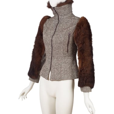 1970s Vintage Brown Fur & Tweed Fitted Zip-Up Jacket Sz XS by The Good Earth 