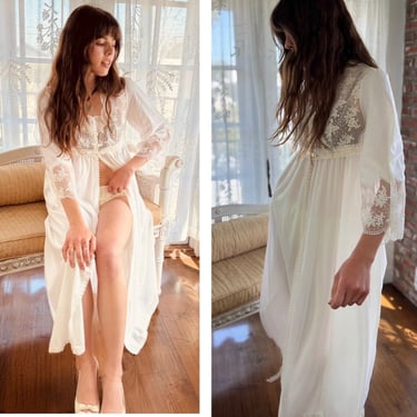 White Lace Bell Sleeve Slip  Maxi Dress 70s from Italy stunning Angelic SM 