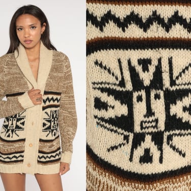 Boho Cardigan Striped Sweater 70s Hippie Sweater Cowichan Sweater Cream Brown Striped 1970s Bohemian Button Up Aztec Sweater Medium 
