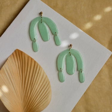 Turquoise Green Polymer Clay Chandelier Dangle Earrings / Large Boho Geometric Jewelry 