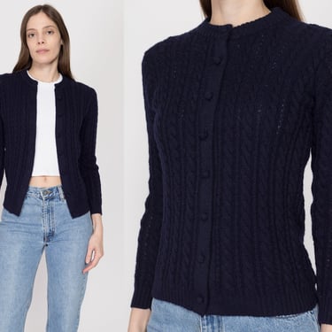 XS 70s Navy Blue Cable Knit Cardigan | Vintage Button Up Fitted Ski Sweater 