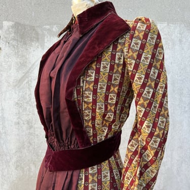 Antique Victorian Red &amp; Yellow Calico Print Dress Wool Silk Velvet Geometric