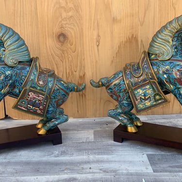 Antique Chinese Cloisonné War Horse Sculptures on Mahogany Base - Pair