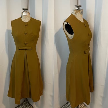 60s vintage Dress a line Mini Olive Green Big Buttons & Bow S 