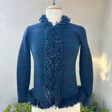 Vintage preppy cardigan sweater fringe trim blue green purple knit Sz XS by Yves Saint Laurent 