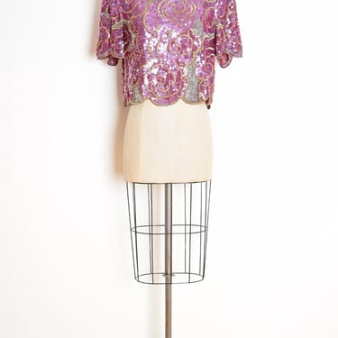 vintage 80s top purple sequin beaded floral crop top shirt blouse M L trophy 