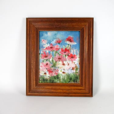 Flowers in the Garden Oil on Canvas Vintage Original Signed Still-Life Painting Wood Framed Pink Floral Botanical Wall Art 12.25 x 14.25 