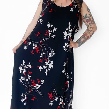 1990s Red & White Floral Black Maxi Dress, sz. 7XL