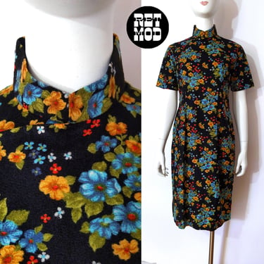 Vintage Black Blue Orange Floral Fuzzy Fabric Asian Style Dress 