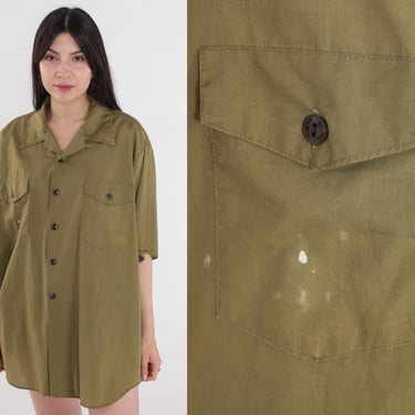 70s Boy Scout Shirt Olive Green Uniform Button Up Army Boy Scouts of America Costume 1970s Vintage Short Sleeve Men's Extra Large xl 