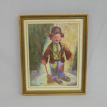 Vintage Michele Sad Clown Print in Wooden Frame - Kitschy Wall Hanging - Vintage 1960s 1970s - 8" x 10" 