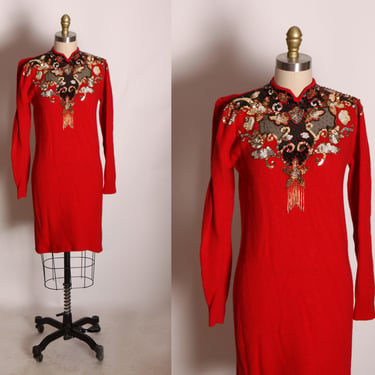1980s Lambswool and Angora Long Sleeve Red, Black and Gold Sequin Beaded Fringe Pullover Sweater Mini Dress by Ivana -S 