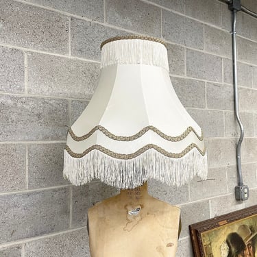 Vintage Lamp Shade Retro 1980s Fringe + Victorian + Mid Century Modern + Hollywood Regency + White + Gold Trim + Large Size + Home Decor 